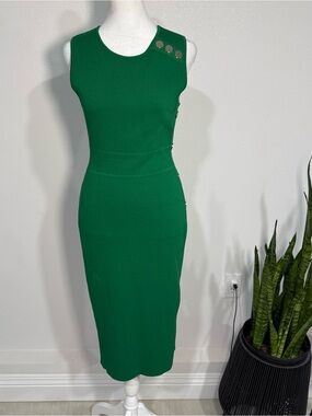 New York & Company Emerald Green Sleeveless Midi Sheath Dress with Gold Buttons